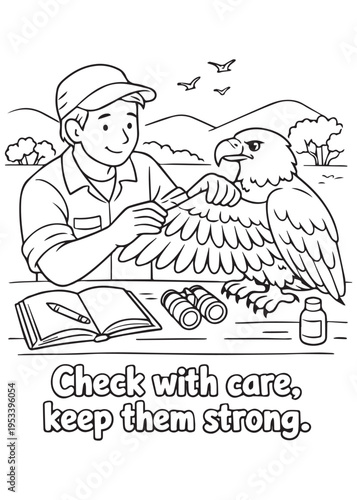 coloring book Check with care — a caretaker examines an eagle’s wings during a routine check