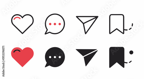 Social Media Interaction Icons Set with Heart, Message, Send, and Bookmark Symbols