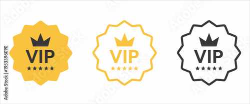 VIP Badge Icon Set with Premium Membership Labels in Gold, Outline, and Monochrome Styles