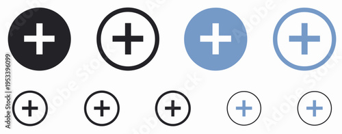 Plus Add Icon Set with Circular Buttons and Minimal UI Symbols for Interface Design