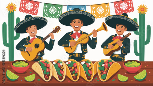 Vibrant vector illustration of mariachi musicians playing guitar trumpet and another guitar surrounded by tacos cacti and festive decorations evoking a lively mexican celebration