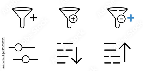 Filter and Sort Icons Set – Funnel, Sliders and Data Organization Symbols Vector
