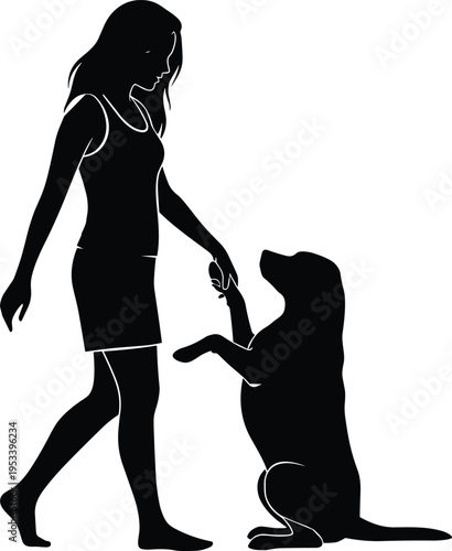 Black silhouette of a young woman training her loyal dog to shake hands and sit on a white background, concept of pet friendship. (24 words)