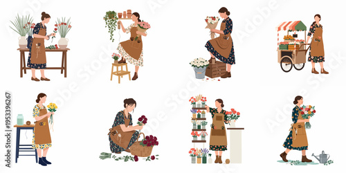 Set of flat illustrations featuring a female florist arranging flower bouquets, working in a boutique, and selling from a floral street cart.
