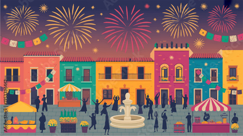 Vibrant mexican town celebrating with fireworks and people colorful buildings and fountain at night