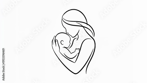Mother holding newborn baby in heart shaped embrace minimal line art vector illustration