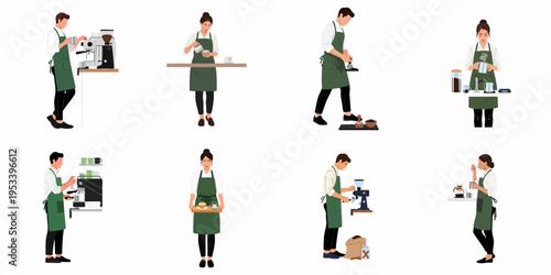 Flat Vector Illustrations Set of Male and Female Baristas in Green Aprons Performing Various Coffee Making and Serving Tasks