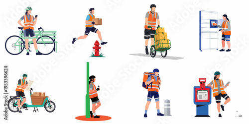 Collection of flat vector characters representing bicycle couriers and delivery workers in various situations, performing package deliveries and using smart technology.