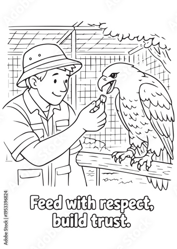 coloring book Feed with respect — a caretaker offers food to build trust with an eagle