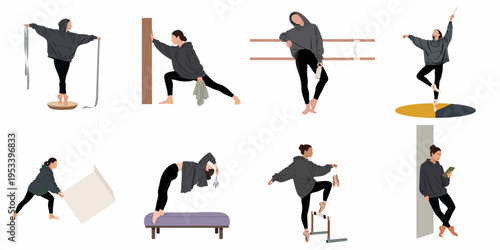 Minimalist Flat Vector Illustration Set of a Woman in Various Fitness, Dance, and Active Lifestyle Poses Wearing a Hoodie and Leggings