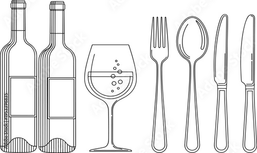 Minimalist line art illustration of wine bottles a sparkling wine glass fork spoon and knives for restaurant menu design dining and catering concepts
