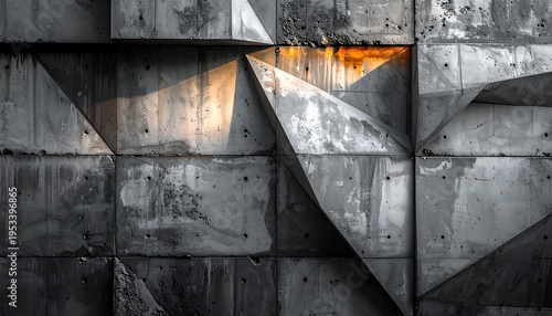 Textured geometric pattern of gray concrete blocks, some with triangular facets, highlighted by warm sunlight and showing weathering