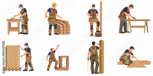 Set of various carpenter and construction worker characters in different working poses using measuring tools and equipment on wood, isolated on white background.