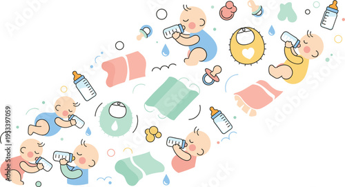 Baby Feeding and Bottle Drinking Collection with Newborn Infants Eating Sleeping and Resting with Nursery Elements Cartoon Vector Illustration Style.