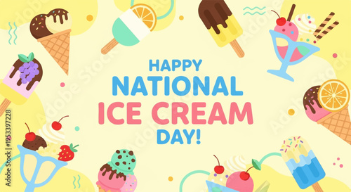 Colorful ice cream treats celebrate national ice cream day with cones and scoops