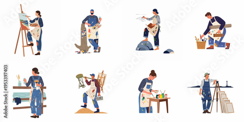 A collection of flat character illustrations featuring male and female artists painting, sketching, and carrying art supplies in studio and outdoor settings.