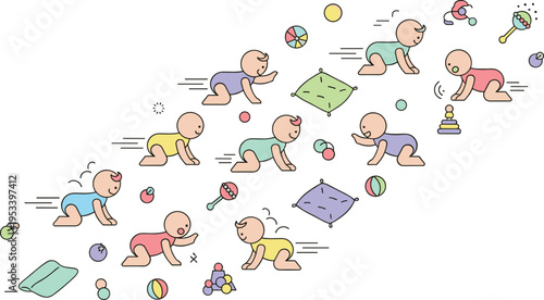 Baby Crawling Stages Collection with Newborn Infants Moving Practicing Motor Skills and Playing with Toys in Cartoon Vector Illustration Style.