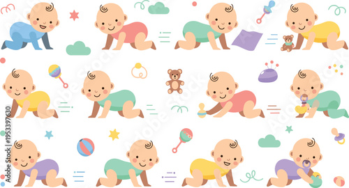 Baby Crawling Collection with Newborn Infants Moving Playing and Exploring with Toys in Soft Cartoon Vector Illustration Style.