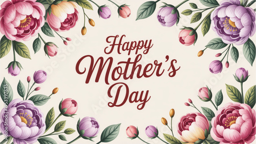 Happy mother's day floral card with pink and purple peonies on cream background for greeting