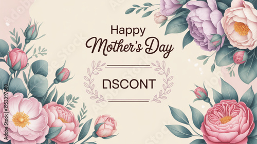 Happy mother's day floral greeting card with pink roses and leaves on cream background with discont text