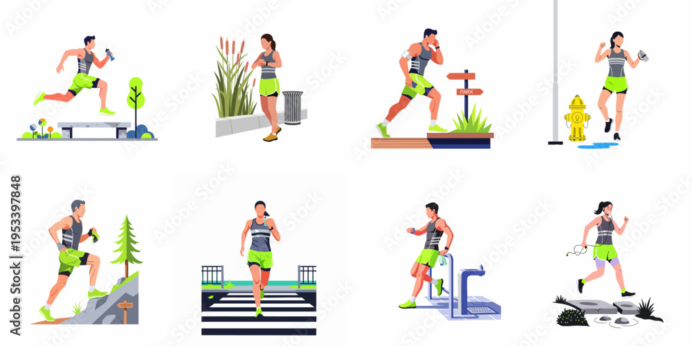 Fototapeta premium A diverse collection of flat illustrations showing active men and women running and exercising in various outdoor park, city, and trail environments.
