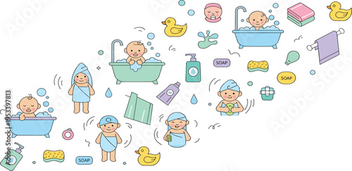 Baby Bath Time Collection with Newborn Infants Washing Playing with Water and Using Hygiene Items in Cartoon Vector Illustration Style.