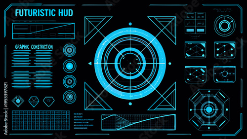 Futuristic heads up display with glowing blue lines and geometric shapes