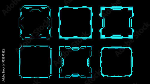 Six futuristic glowing cyan frames on a black background