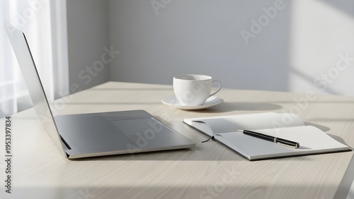 Clean minimalist workspace with laptop, open notebook and coffee cup on wooden desk with soft natural light. Ideal for productivity, remote work and modern business lifestyle.
