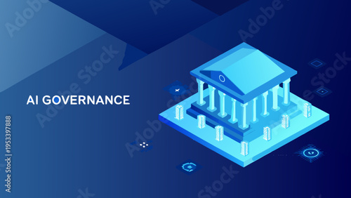 Isometric illustration depicting ai governance with a classical building motif