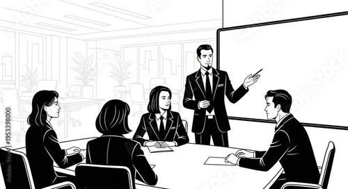 Business Meeting Presentation - Team Collaboration and Strategy Discussion in a Modern Office.