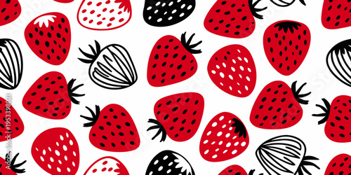 Seamless pattern of red and black strawberries on a white background