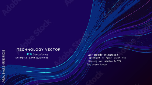 Abstract flowing lines and text on a dark blue background