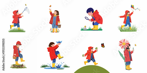 Collection of flat vector illustrations featuring children in red raincoats and yellow boots enjoying outdoor spring activities and exploring nature.