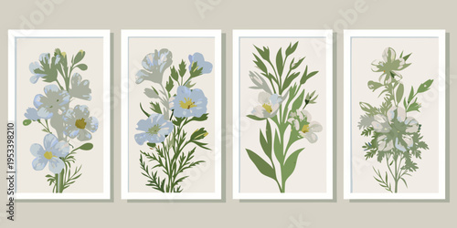 A set of four botanical wall art prints featuring delicate wildflowers