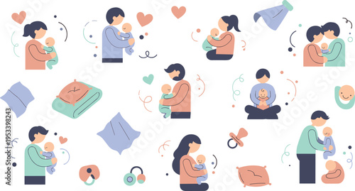 Father and Baby Bonding Collection with Dads Holding Hugging and Caring for Newborn Infants in Warm Cartoon Vector Illustration Style.