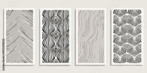 Four abstract art panels featuring curved line patterns in grayscale