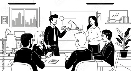 Team Collaboration and Presentation in a Modern Office Setting.