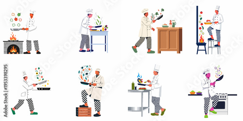 Set of professional male chefs cooking various dishes in the kitchen with fresh ingredients and modern flat illustration style.
