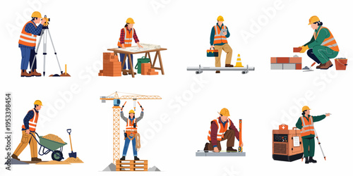 Set of diverse construction workers performing various site tasks like surveying, masonry, planning, and equipment operation in safety gear.