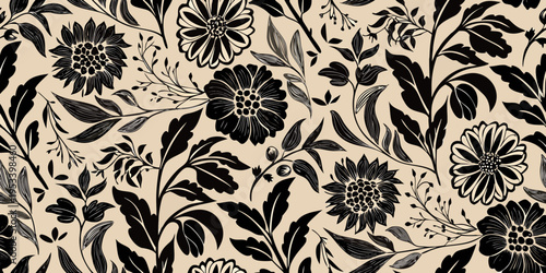 Elegant floral pattern featuring dark blooms and swirling leaves