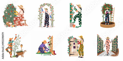 Illustration set of women gardening, pruning roses, and tending to flowers in various outdoor settings wearing patterned overalls and sun hats.
