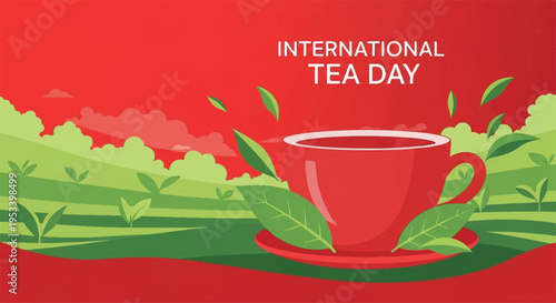 Vibrant red tea cup on saucer with green leaves on international tea day celebration background