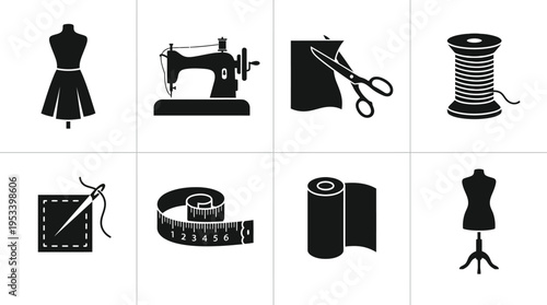 Sewing Icons: Black and White Tailoring Labels for Fashion Design