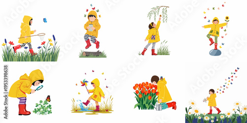 Collection of illustrations featuring a child in a yellow raincoat and red boots exploring nature, catching butterflies, and playing in the spring.
