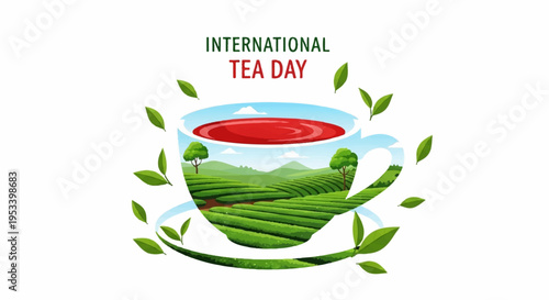 International tea day celebration with a cup of tea and green leaves on a white background