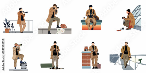 Vector illustrations set of a professional male photographer in various poses and urban settings, wearing a stylish brown coat and carrying camera gear.