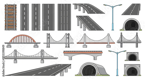 Collection of infrastructure elements including bridges roads and tunnels.