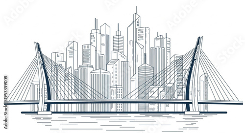 Modern City Skyline with Cable Stayed Bridge Illustration.