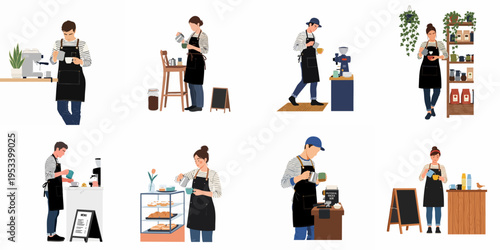 Set of diverse baristas in black aprons preparing coffee, pouring latte art, and working in various coffee shop scenes, vector flat style.